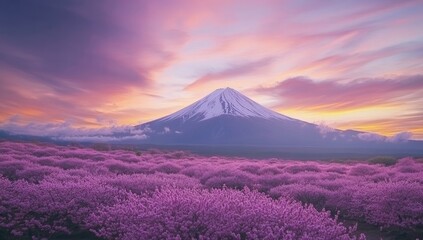 Majestic Mount Fuji at Sunrise over Pink Blossom Fields