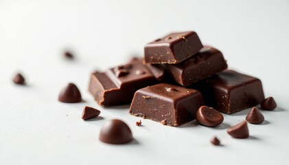 Fototapeta premium Dark chocolate chunks, glossy surface, clean white backdrop, luxury, macro