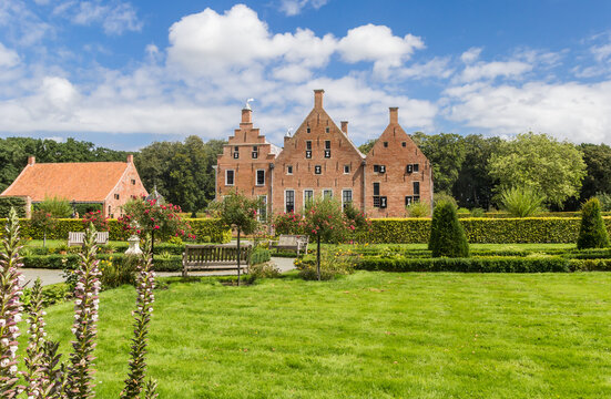 Flowers in front of the Menkemaborg castle in Groningen, Netherlands