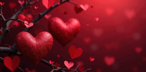 Dark red background, interwoven textured hearts , illustration, dark
