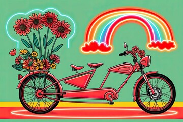 Fototapeta premium Red Bicycle with Flowers Neon Rainbow Illustration, bicycle, flowers, rainbow, neon, illustration, vehicle, design, colorful