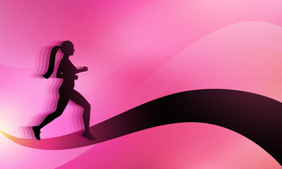 Pink sport background with running woman silhouette. Vector illustration with wavy and speed effect.