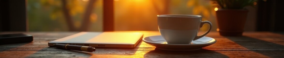 Fototapeta premium Golden hour light on tech & coffee on dark wood table , business, shadow
