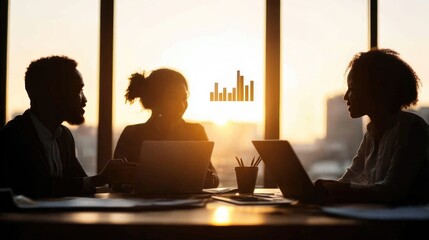 Team collaboration during sunset meeting with data visualization