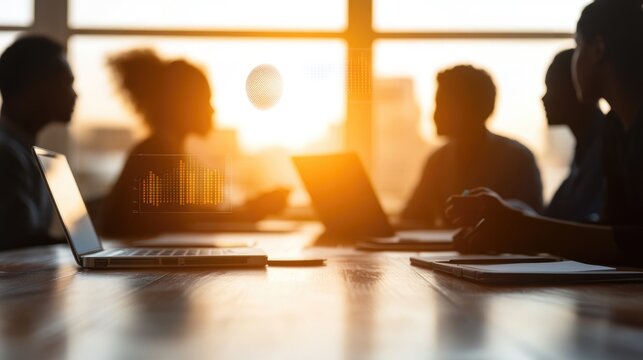 Team meeting with sunset view and digital analytics overlay