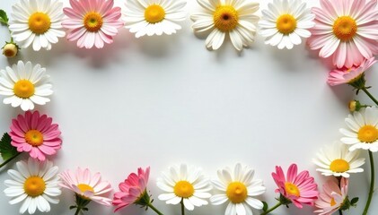 Obraz premium Blank frame, chamomile flowers, overhead shot Spring, summer themed , copy space, chamomile