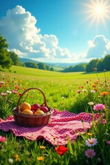 sun-drenched meadow, picnic blanket, blooming wildflowers, beautiful, botany