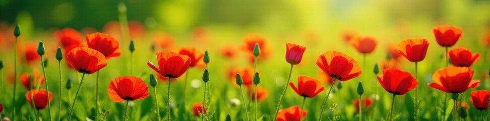 Obraz premium A carpet of red poppies blankets a lush green summer meadow , detail, meadow