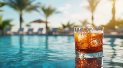 Alcohol consumption at a poolside bar with cocktails and tropical setting. Featuring relaxation and indulgence