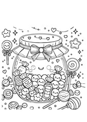 Kawaii Candy Jar with Cute Sweets – Black and White Outline Drawing for Kids' Coloring Pages, Dessert Clipart, and Printable Art