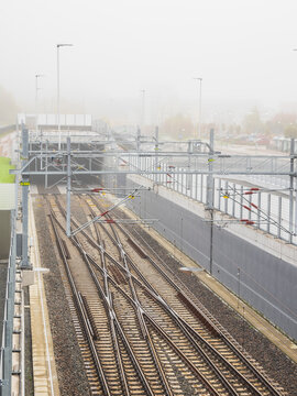 High angle view of railroad tracks during foggy weather