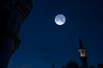 Naklejka premium Ramadan Kareem greeting. Islamic crescent moon and lantern. End of fasting. ramadan decorations, Eid al-Fitr. Breaking of holy fast day. Muslim holiday. Arab night sky. 