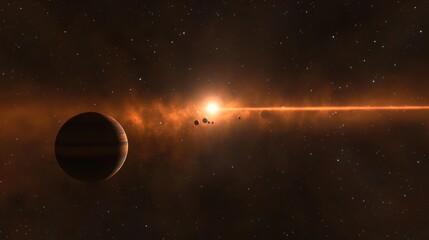 Obraz premium Orange Giant Star System: Celestial Panorama of Planets and Nebulae