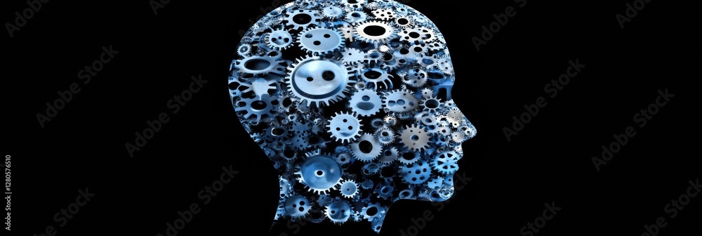 Fototapete human head silhouette filled with interlocking gears symbolizing the concept of artificial intellige