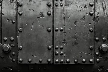 Close-up of riveted metal surface with scratches. AI image