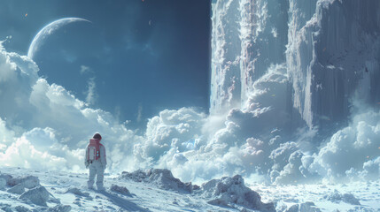 Obraz premium Astronaut exploring an icy alien planet with a towering frozen structure 
