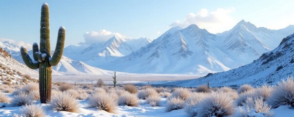 Snow dusted saguaro cacti against a backdrop of snow-capped mountains, a stark desert scene , scenic, mountain, natural environment
