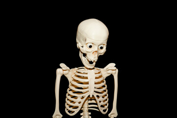 The skeleton of a man on a black background. The human skeletal system, the bones of the skull, the vertebral column, the ribs and sternum, and the upper extremities.