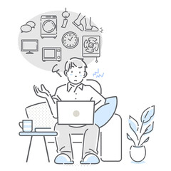 音が気になって在宅ワークに集中できない男性　シンプルでお洒落な線画イラスト