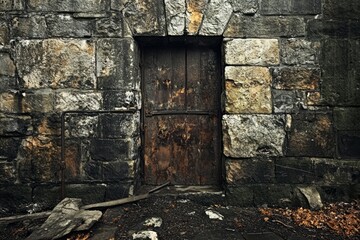 Weathered wooden door on stone wall, autumn leaves. AI image