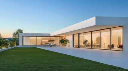 A sleek, minimalist home with large glass doors, glowing in the soft sunrise light, framed by perfectly maintained grass and clear blue skies.