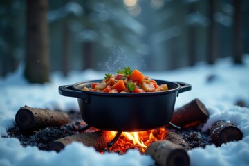 Campfire stew simmers in cast iron pot, snowy pines background, trees, natural