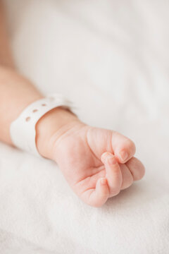 Newborn baby hand with Identification bracelet in intensive care unit