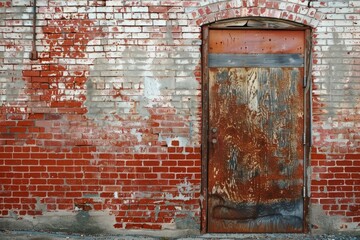 Naklejka premium Photo of Red brick wall with old rustic weathered door in european city. Background texture for backdrops or mapping