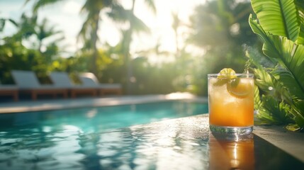 Alcohol consumption at a relaxed poolside bar with cocktails and tropical plants. Featuring leisure and enjoyment