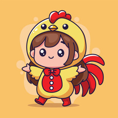 Cute little girl in a rooster costume. Vector illustration.