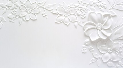 A pure white background with a faint embossed texture of floral patterns