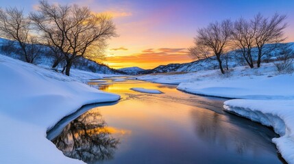 A still river running through a snow-covered valley, reflecting a golden-pink winter sunset, creating a quiet and picturesque landscape.