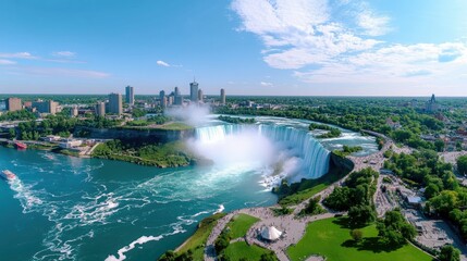 A stunning aerial view of Niagara Falls, showcasing the massive waterfalls cascading between the United States and Canada, with mist rising into the sky.