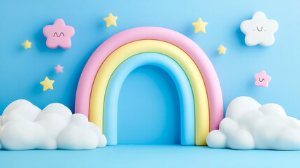 3D cartoon rendering, a rainbow with clouds and stars on a pastel blue background