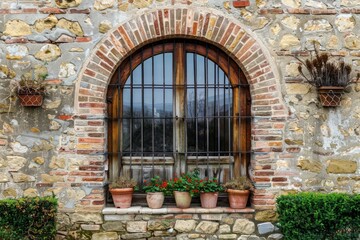 Obraz premium Photo of Red brick wall and arched window of classical european building in Rome. Background texture for backdrops or mapping