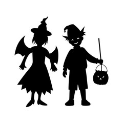 Adorable trick or treat kids in costumes silhouette