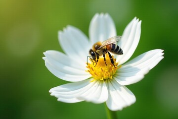 Small bee on white flower with delicate petals, insect life, blossom