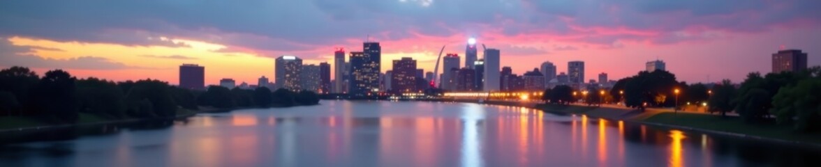 St Louis skyline, blurred river, depth of field, United States, buildings