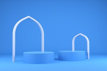 Three white arches in triangular formation on blue background
