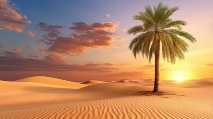 A tranquil desert oasis bathed in the warm glow of a golden sunset, with dunes stretching beyond a solitary palm tree.
