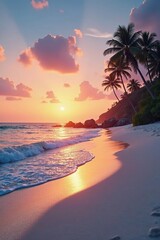 Soft white sand, gentle waves lapping shore, palm trees silhouette against sunset, background, element, texture