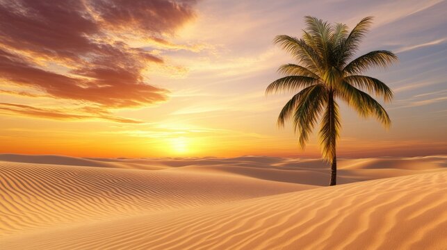 A tranquil desert oasis bathed in the warm glow of a golden sunset, with dunes stretching beyond a solitary palm tree.