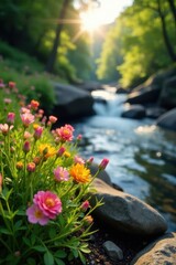Sunlit wildflowers sprout from rocky riverbank, summer day , summer, pretty