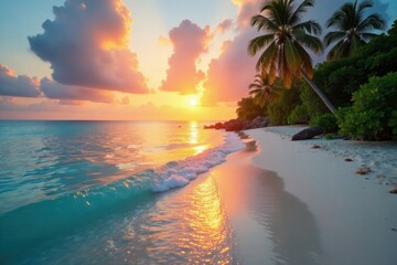 Sunrise paints idyllic Maldivian isle, turquoise water sparkles , island, sky, peaceful