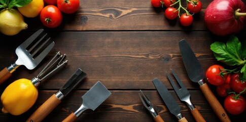 Various BBQ tools and grilling accessories on wooden surface, design, summer, cooking