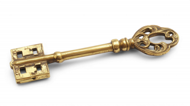 Ornate antique gold skeleton key with intricate design on transparent background