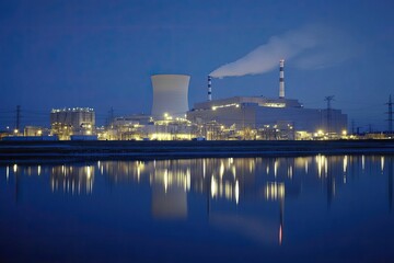 Nighttime nuclear power plant reflecting on water