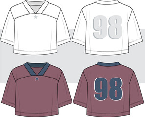 Women's Streetwear Jersey cropped T-Shirt. Hip Hop, uniform, college, baseball, oversize top fashion flat sketch illustration, front and back view. cad, mockup.
