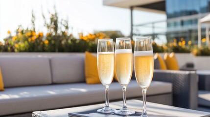 Alcohol consumption at a rooftop brunch with mimosas and fresh fruit. Featuring relaxation and elegance