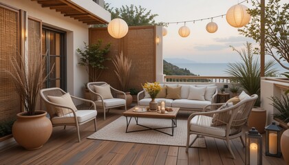 Fototapeta premium A beautifully arranged balcony features comfortable seating with cushions, soft lighting from hanging lanterns, and vibrant flora, creating an inviting atmosphere as the sun sets over the ocean